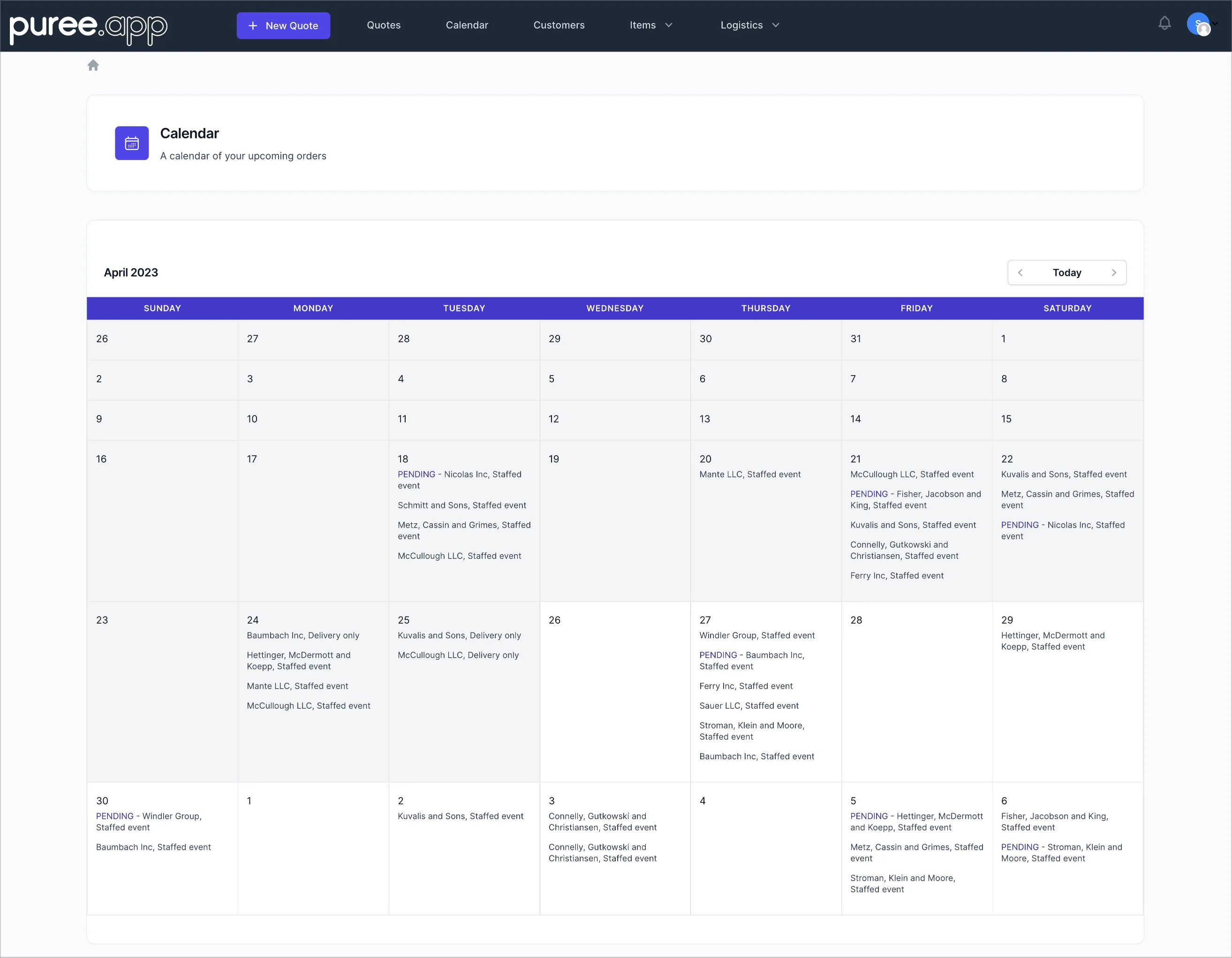 screenshot of Puree calendar