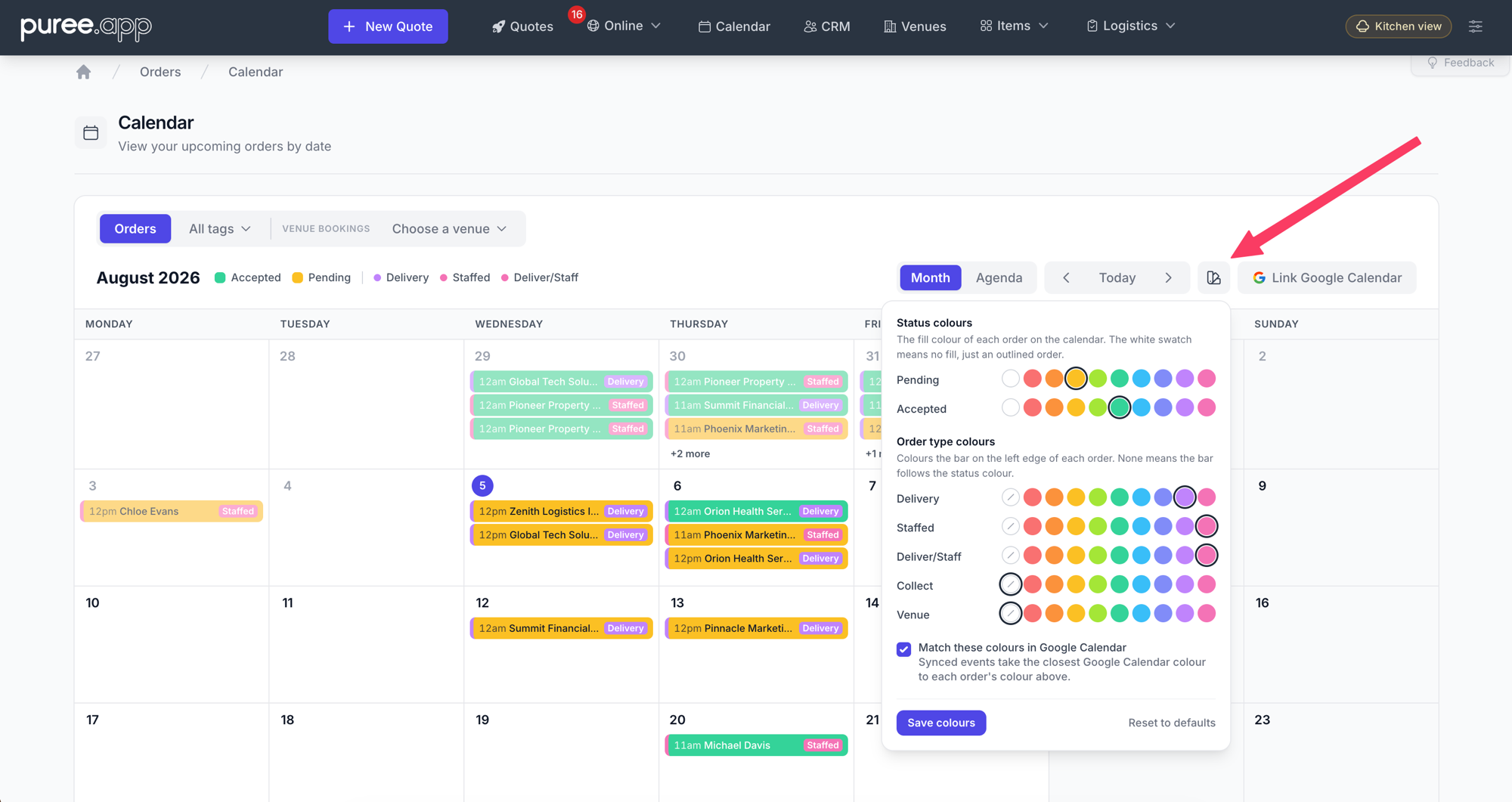 The calendar colour settings panel open over a colour-coded orders calendar: swatch rows for the Pending and Accepted status colours and a row per order type, colour-coded order chips with type badges behind it, and the updated legend above the grid