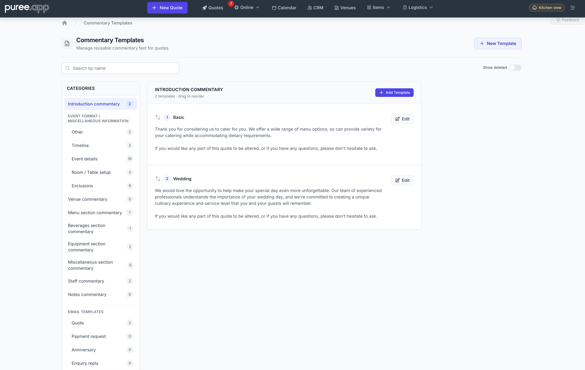 The Commentary Templates page showing the Categories sidebar on the left listing Introduction commentary, the Event format / miscellaneous information group, the section commentaries and Email templates, with the Introduction commentary category selected and its Basic and Wedding templates displayed on the right