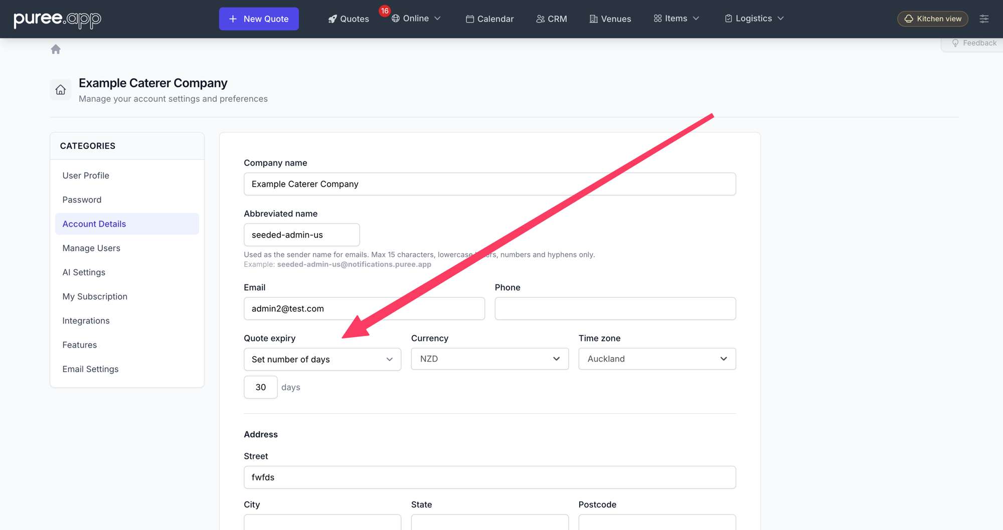 The Account Details settings page with the Quote expiry field highlighted, showing the mode dropdown set to Set number of days and a 30 days input beneath it, alongside the Currency and Time zone fields