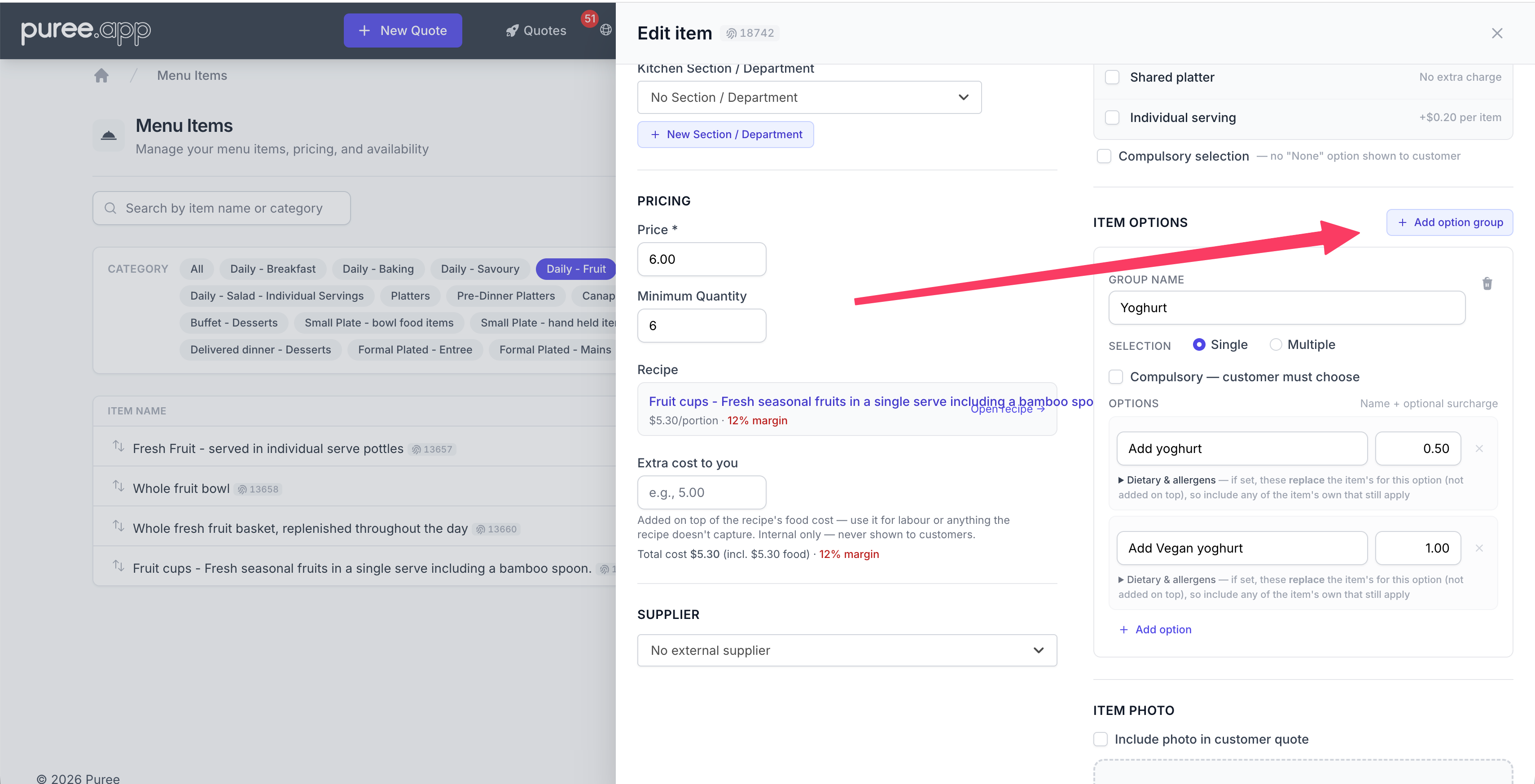 The Edit item slide-over with the Item Options section showing a Yoghurt option group set to Single selection, two options (Add yoghurt +0.50 and Add Vegan yoghurt +1.00) each with a Dietary & allergens toggle, and the Add option group button highlighted