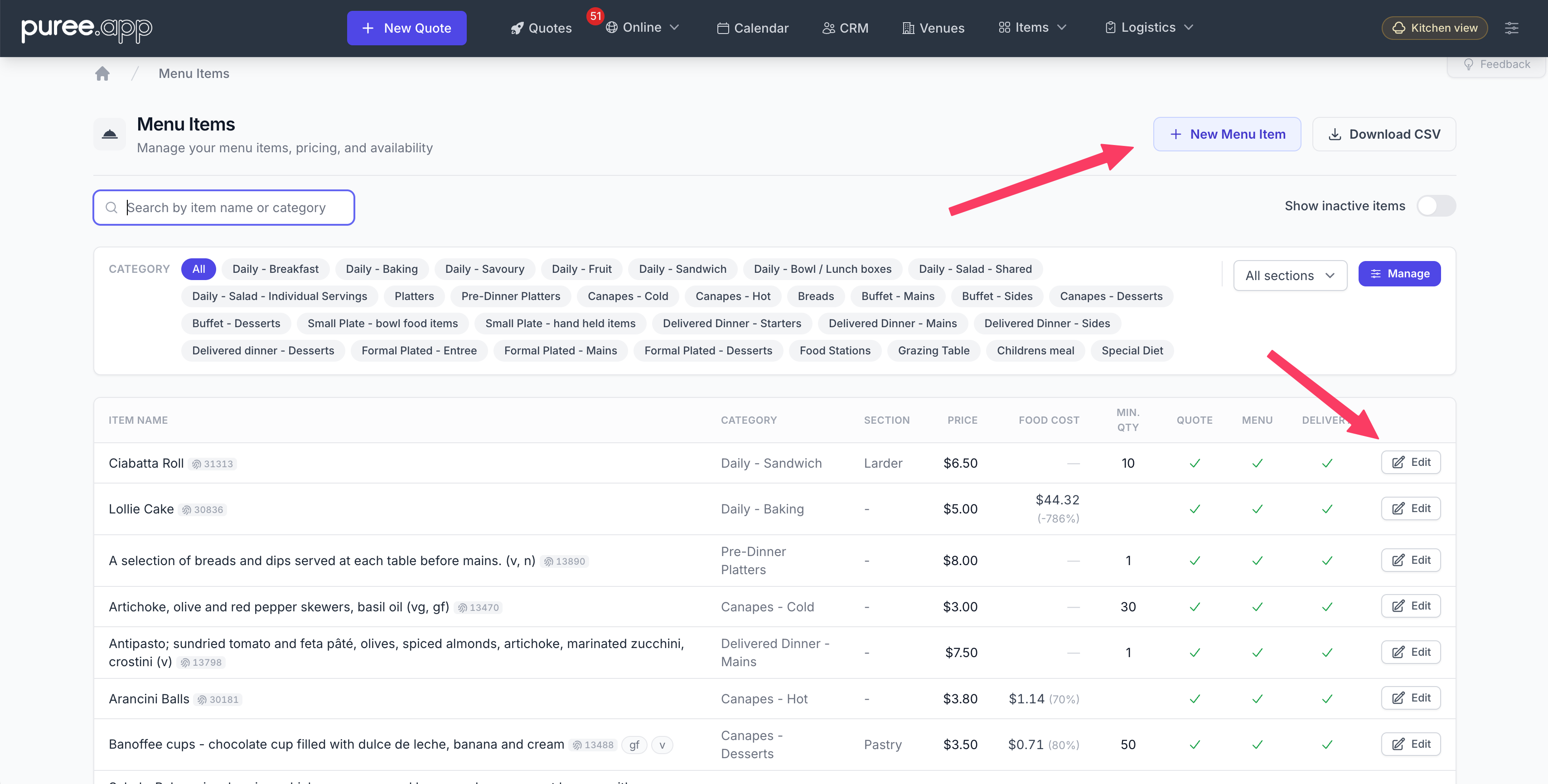 The Menu Items list with category filter chips, showing item names, categories, sections and prices, with the New Menu Item and per-row Edit buttons highlighted