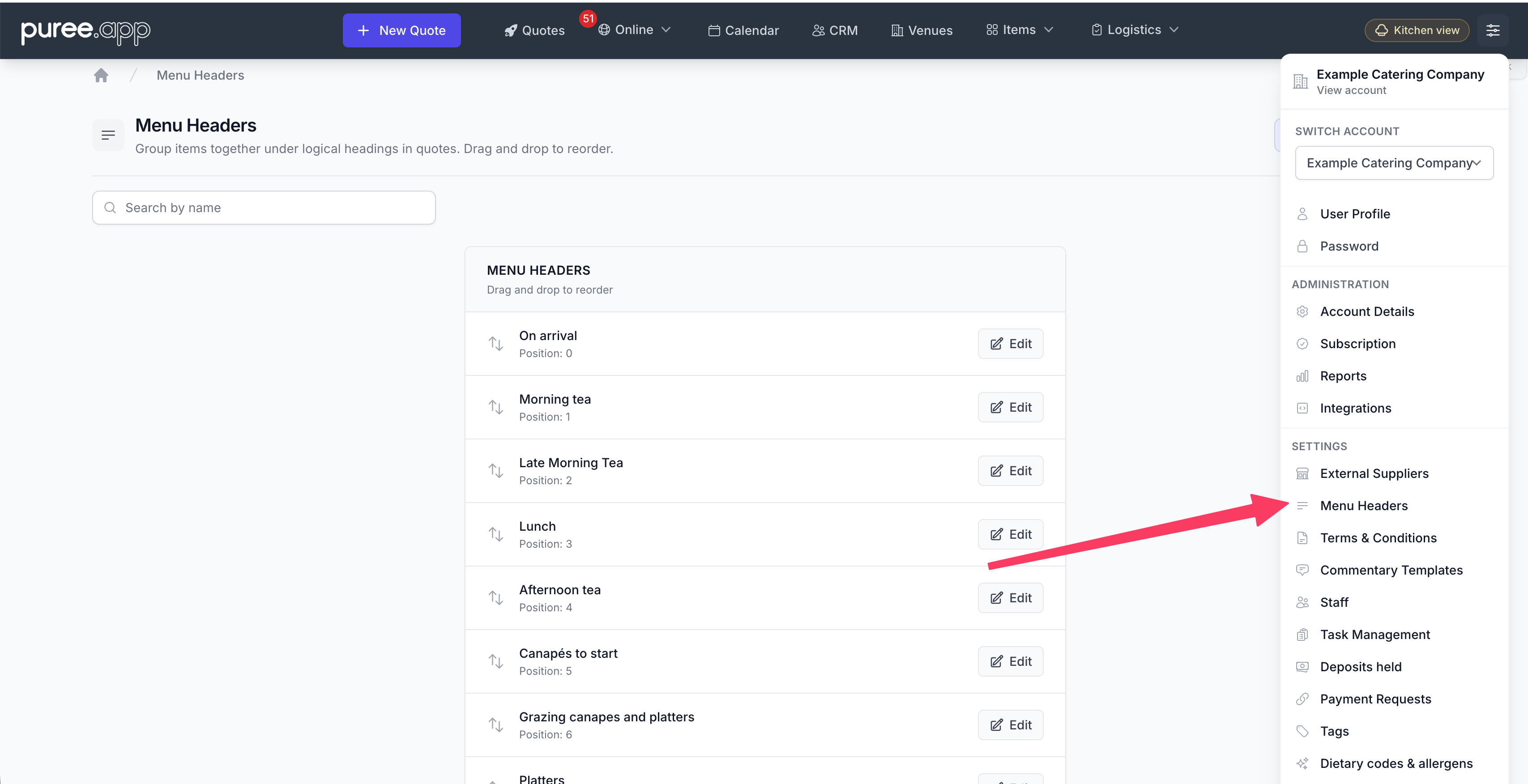 The Menu Headers settings page listing headers such as On arrival, Morning tea and Lunch with their positions, alongside the account menu showing the Menu Headers link under the Settings heading