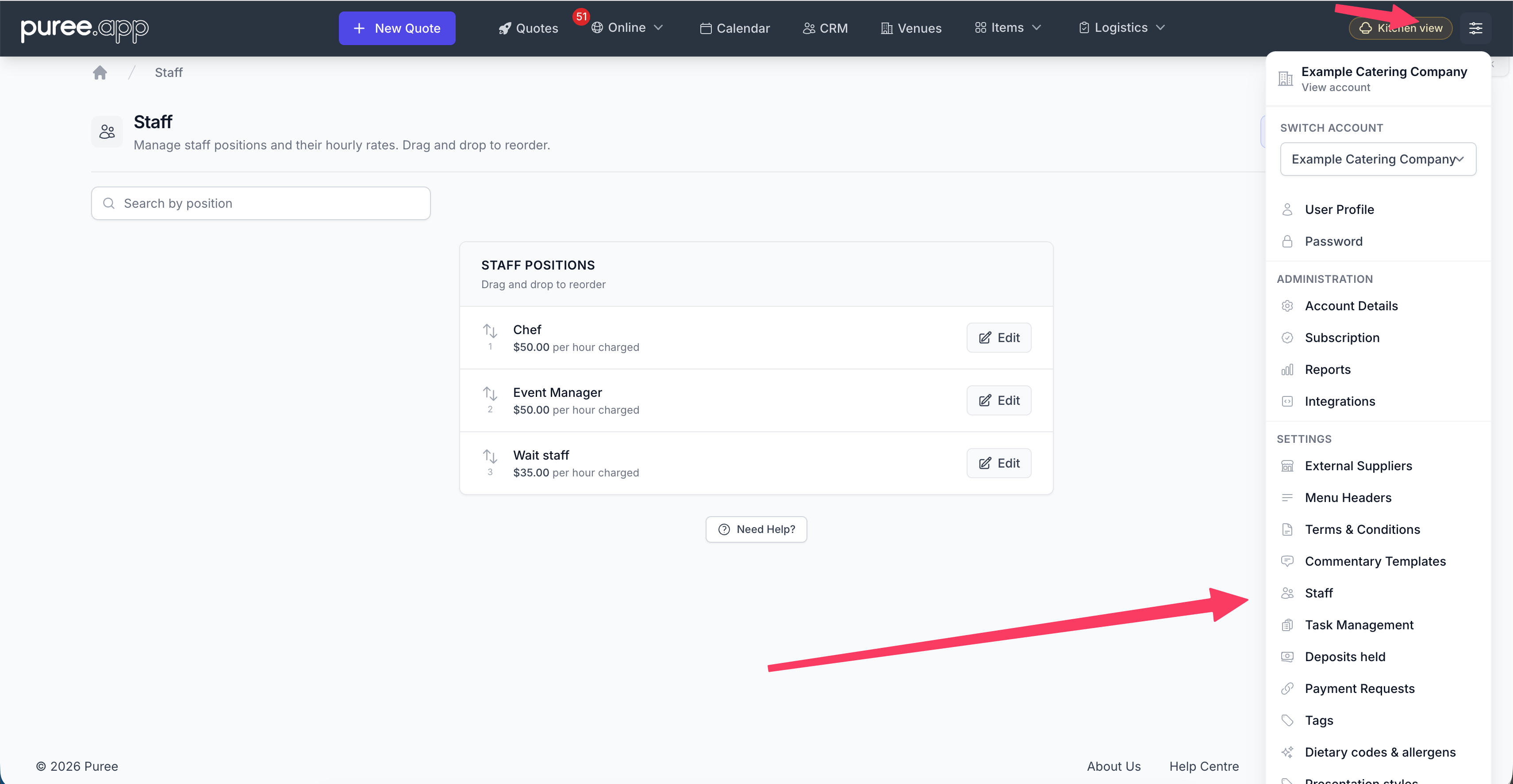 The Staff settings page listing staff positions with hourly rates, alongside the account menu showing the Staff link under the Settings heading