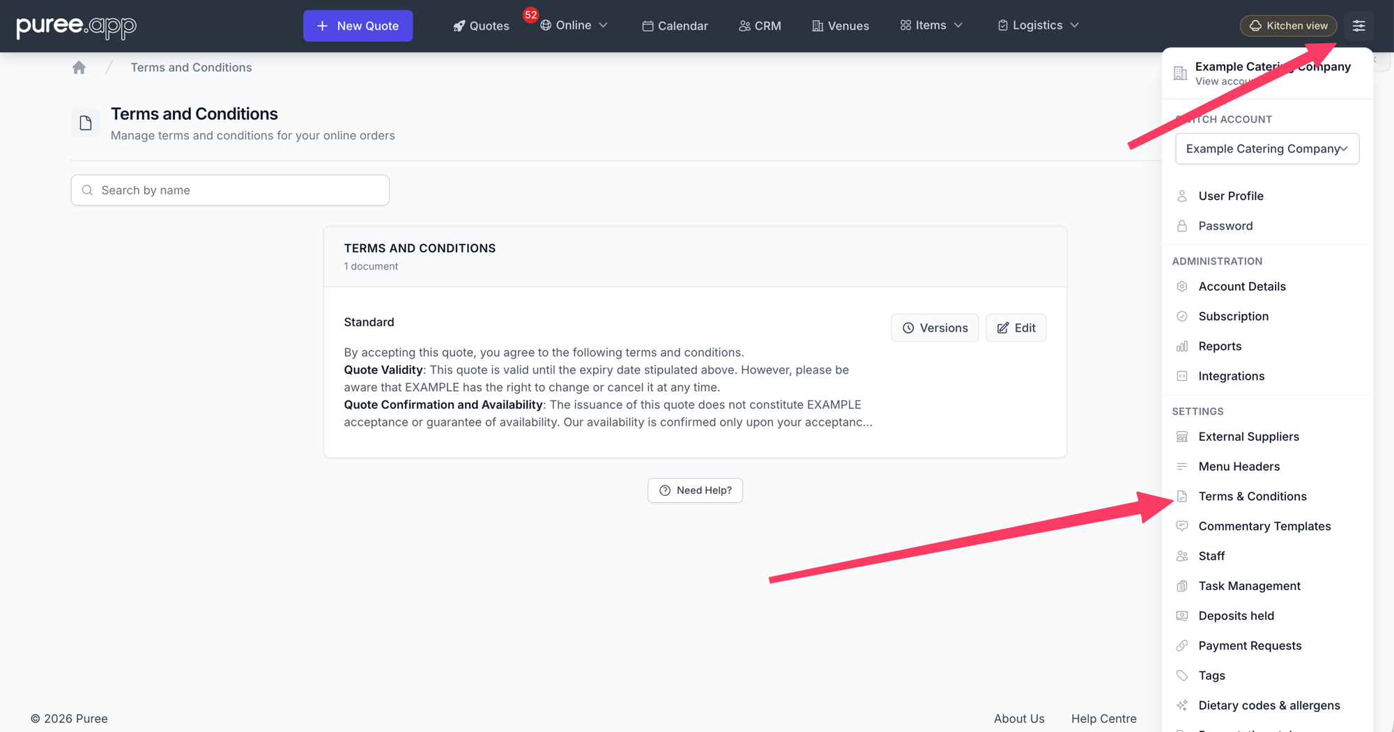 The account menu open with arrows pointing to the settings icon and the Terms & Conditions link, alongside a saved terms document with Versions and Edit buttons